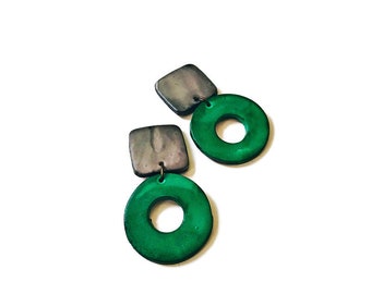 Grey & Forest Green Earrings, Statement Hoop Drop Dangles or Clip Ons, Polymer Clay Earrings Painted Alcohol Ink, Mothers Day Gift Handmade