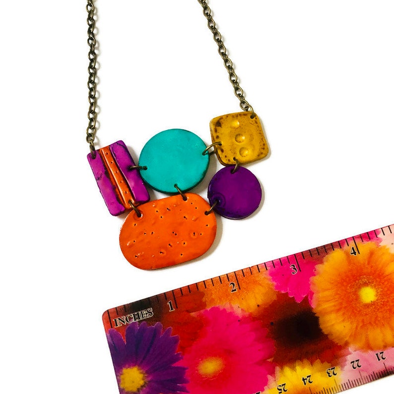 Colorful Statement Necklace Handmade from Clay & Painted. Bold Geometric Pendant, Retro Abstract Jewelry, Unique Artsy Gift for Artist Mom image 3