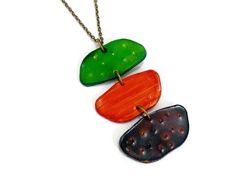 Tri Color Multi Layer Pendant Necklace for V Neck Dress, Rustic Bohemian Jewelry, Casual Clay Necklace Handmade Painted Green Orange Brown