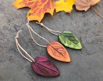 3 Rustic Fall Leaf Ornaments for Plants or Christmas Tree, Polymer Clay Decoration Hand Painted, Bohemian Décor, Party Favors, Hostess Gift