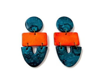 Big Statement Earrings in Teal & Orange, Unique Boho Jewelry, Painted Polymer Clay Earrings, Large Stud Dangles or Clip Ons Handmade