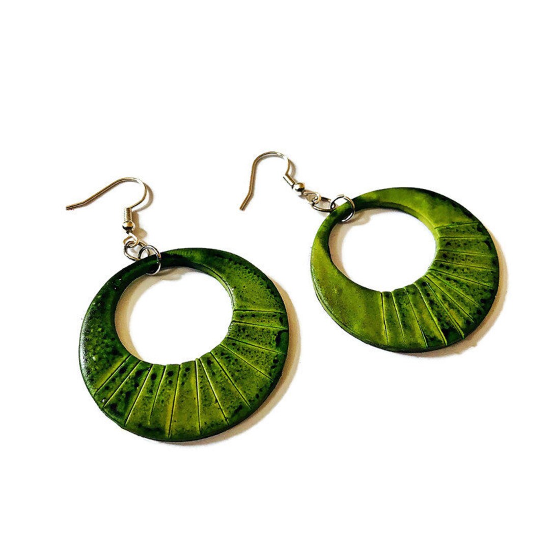 Olive Green Hoop Earrings, Open Circle Dangles, Polymer Clay Alcohol