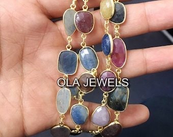 Natural Multi Sapphire Connector Chain/September Birthstone Unqiue Chain Necklace/Multi Color Sapphire Necklace/925 Sterling Silver Jewelry