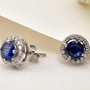 Small Blue Sapphire Round Halo Earrings/14k Solid Gold Diamond Jewelry/ Gemstone Earrings/September Birthstone/Diamonds Solitaire Mini Stud