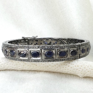 Victorian Oval Blue Sapphire Gemstone Bangle/925 Sterling Silver Jewelry/Dainty Diamond Bracelet Jewelry/Pave Diamond Bangle Gift For Wife