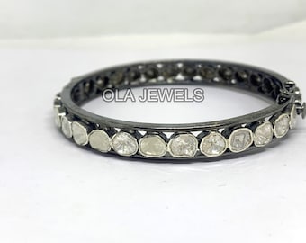Solid sterling silver with pave diamonds openable bangle with natural moonstone