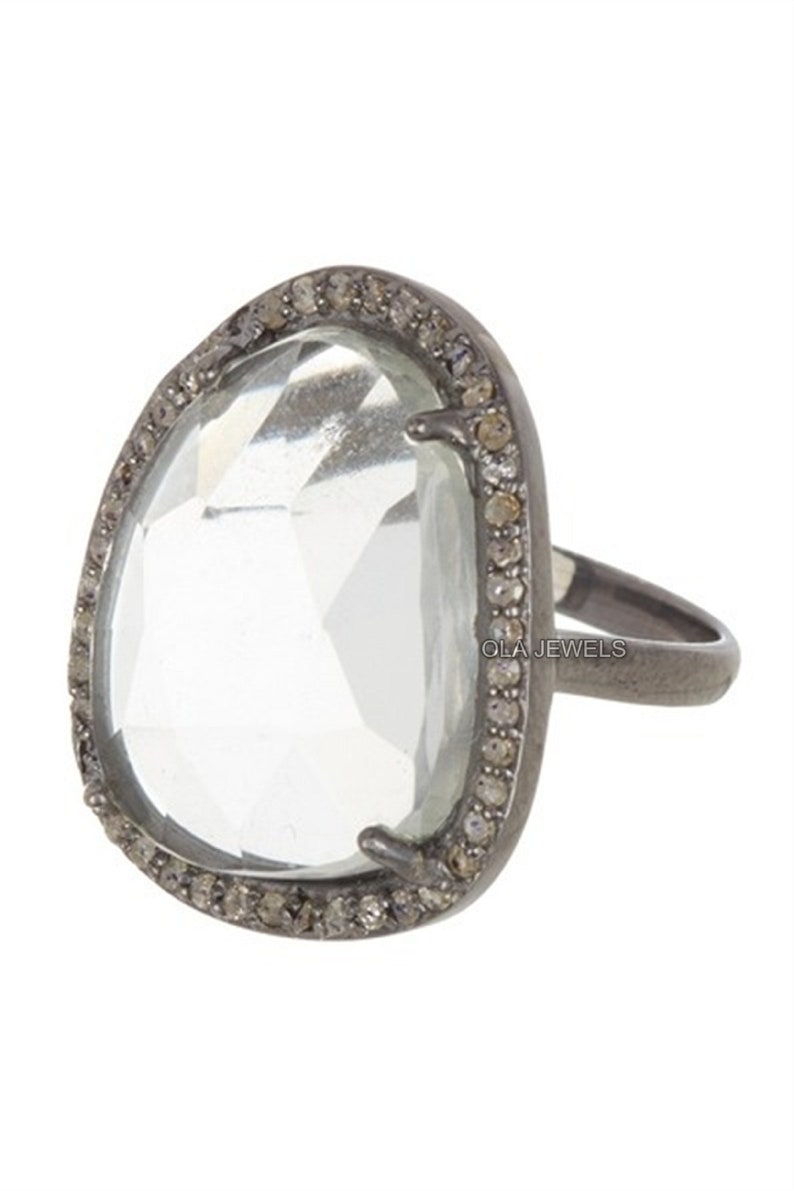 price for 1 psc. Solid Sterling silver 925 black finish clear quartz with diamonds ring