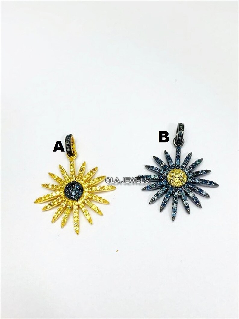 Sterling silver 925 gold plated and black finish blue sapphire with yellow sapphire sunburst pendant 20 mm price for 1 pcs.
