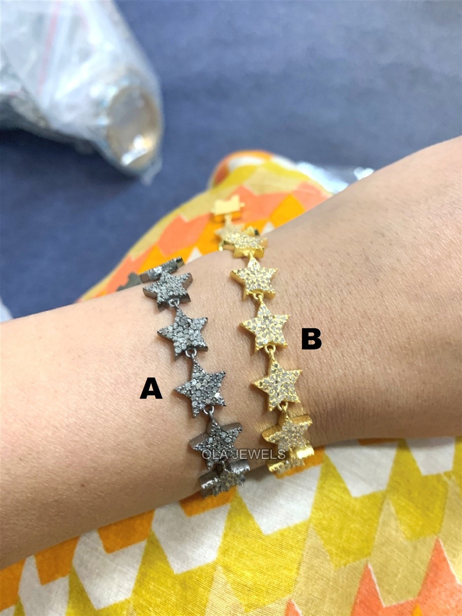 925 Sterling Silver gold plated and black finish diamonds star bracelet Handmade jewelry Christmas gifts Wedding gifts Anniversary gifts