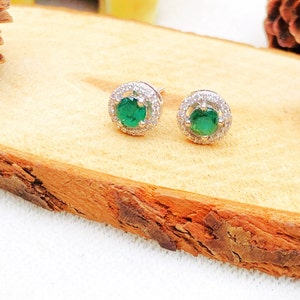 14K Solid Gold Round Emerald Stud Earrings | Genuine Emerald Earrings | Minimalist Birthstone Studs | May Birthstone Jewelry Gift
