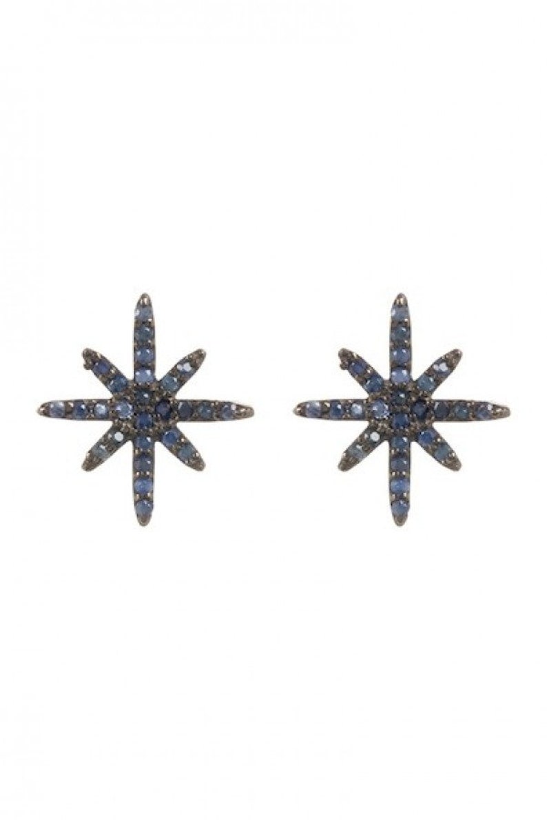Solid 925 Sterling Silver black finish blue sapphire star earring studs price for 1 pair