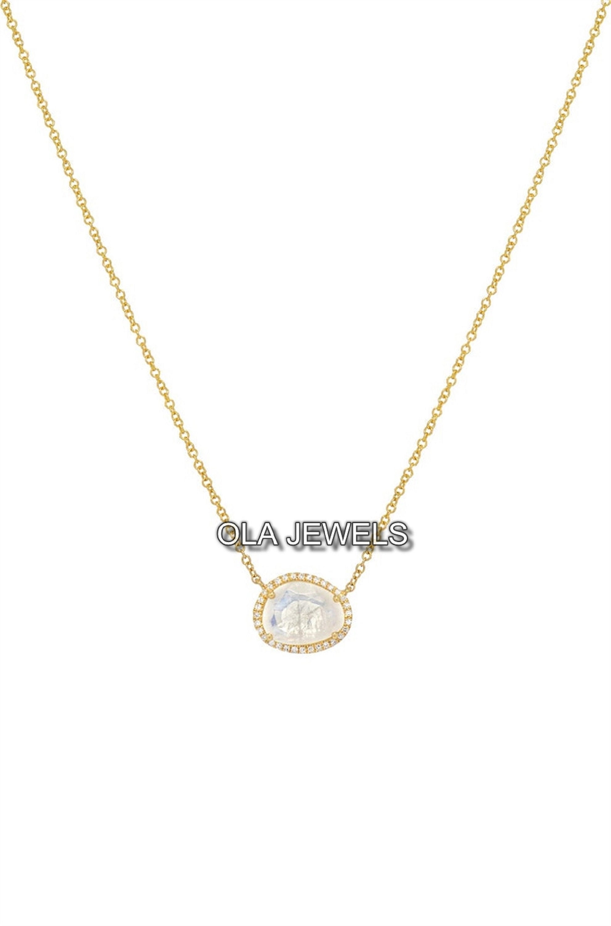 18k and 14k Gold Diamond With Moonstone Pendant Necklace