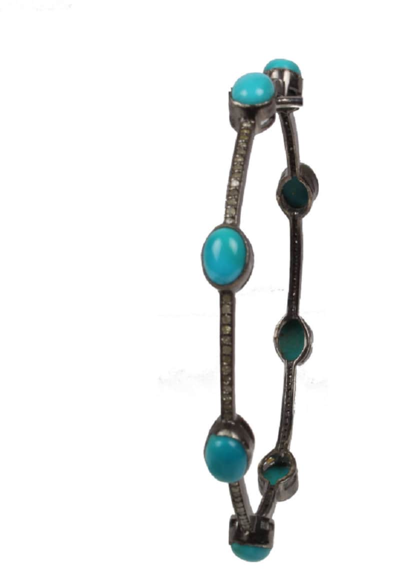 Solid sterling silver oxidized turquoise and pave diamond bangle