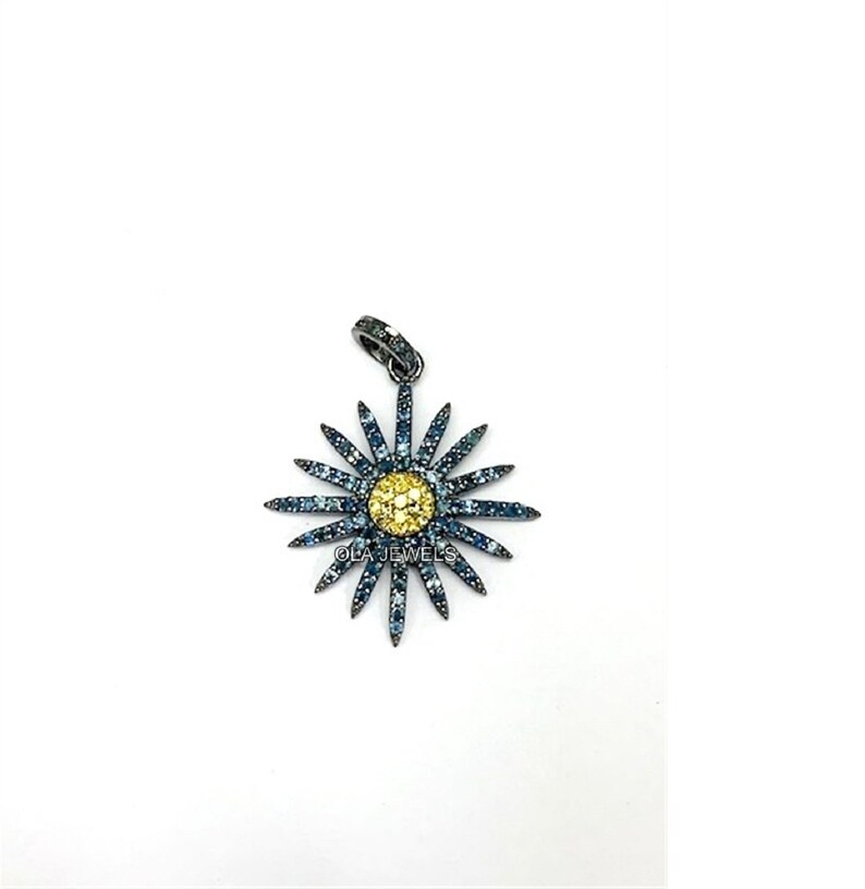 Sterling silver 925 gold plated and black finish blue sapphire with yellow sapphire sunburst pendant 20 mm price for 1 pcs.