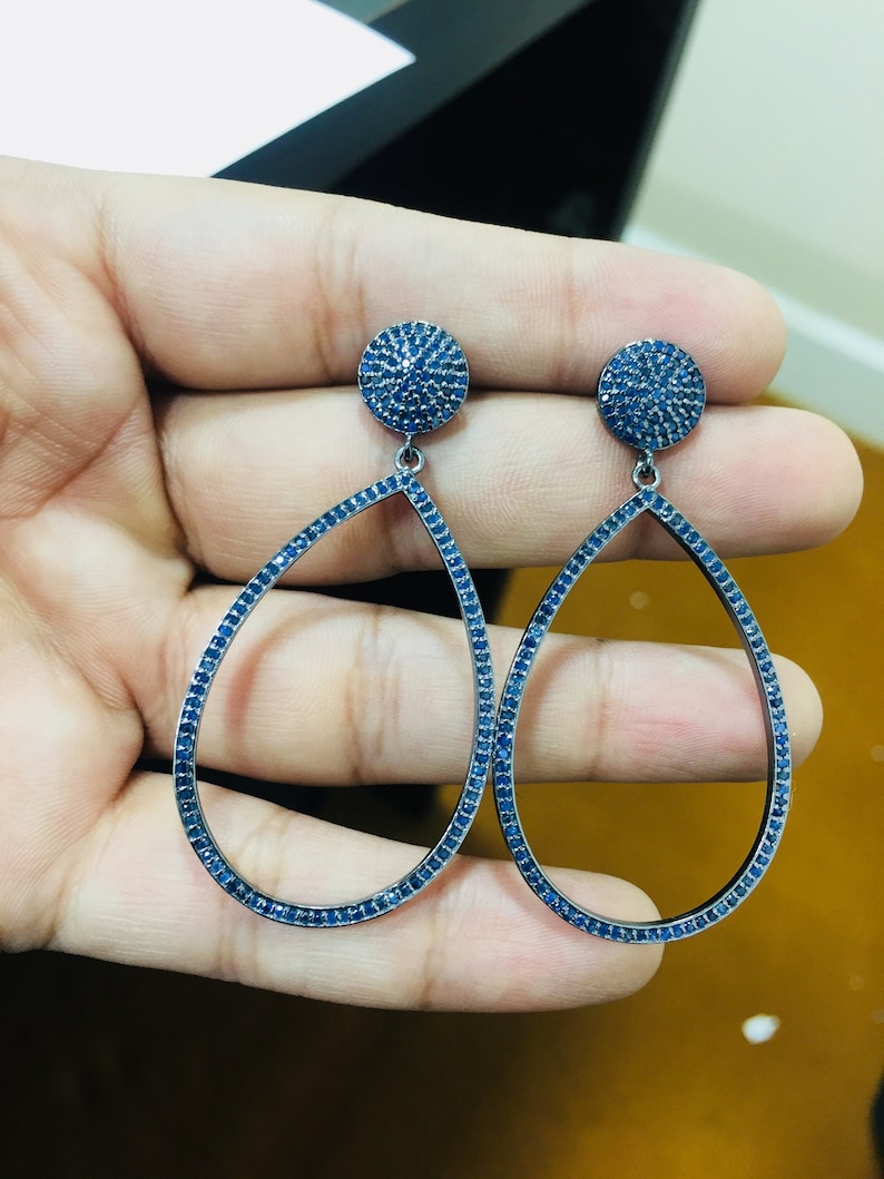 price for 1 pair Solid Sterling Silver black finish blue sapphire dangle earring