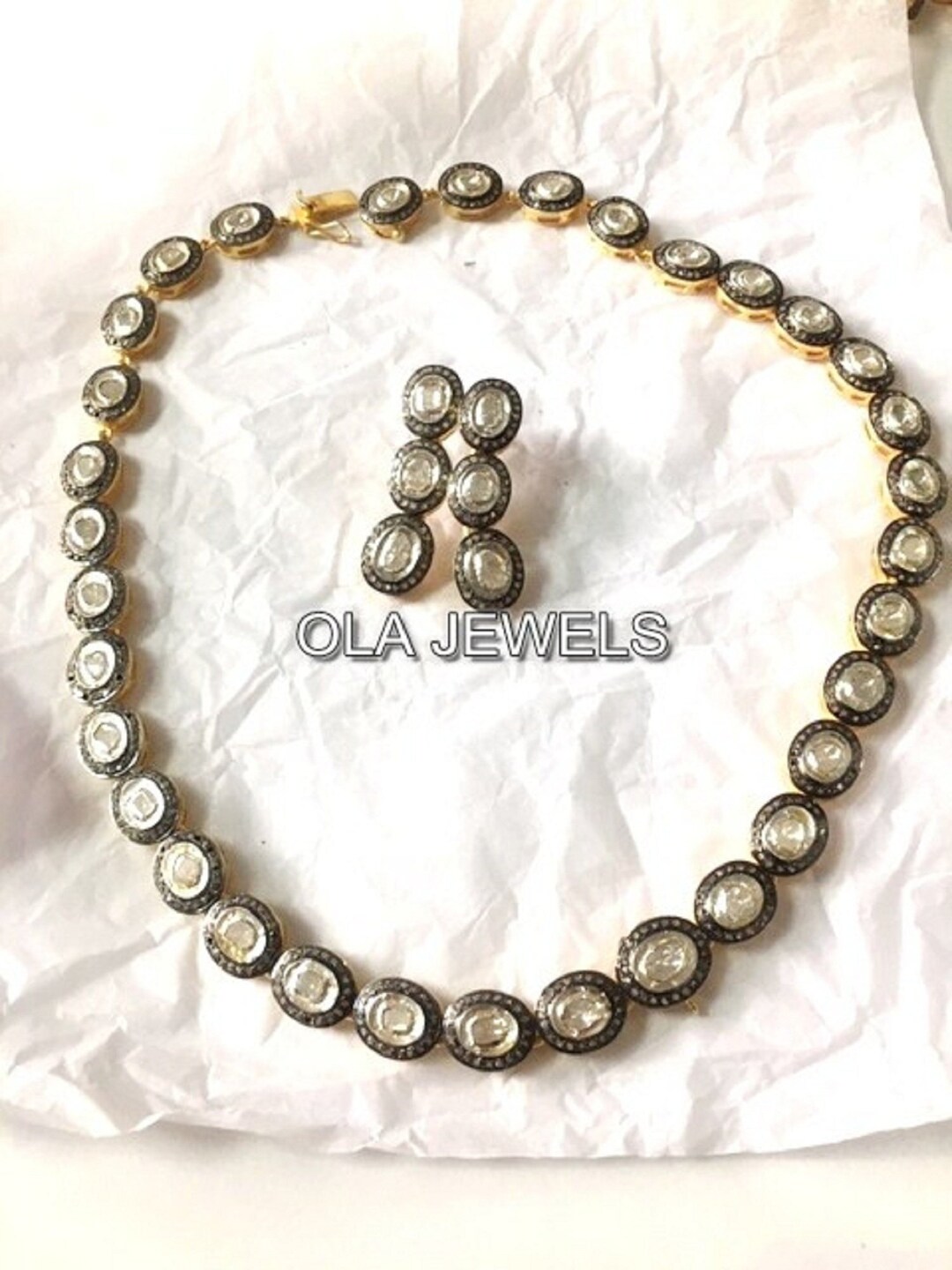 Collier Polki Diamant Naturel Argent 925 - 22 Pouces, Style Antique, Plaqué Or, Fait Main