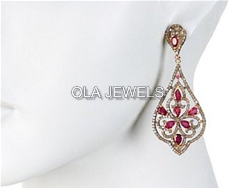 price for 1 pair Solid 925 Sterling Silver black finish Pave diamond and ruby earrings