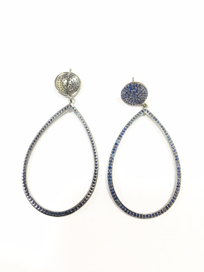 price for 1 pair Solid Sterling Silver black finish blue sapphire dangle earring