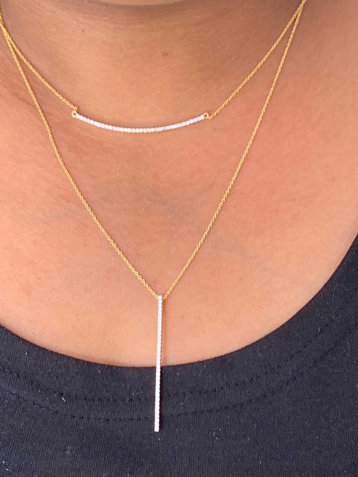 Diamond Curved Bar Necklace\solid 14k Gold Diamond Bar Necklace\dainty ...