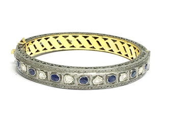 925 Sterling Silver rose cut diamonds with blue sapphire openable bangle handmade jewelry anniversary gifts wedding gifts Christmas gifts