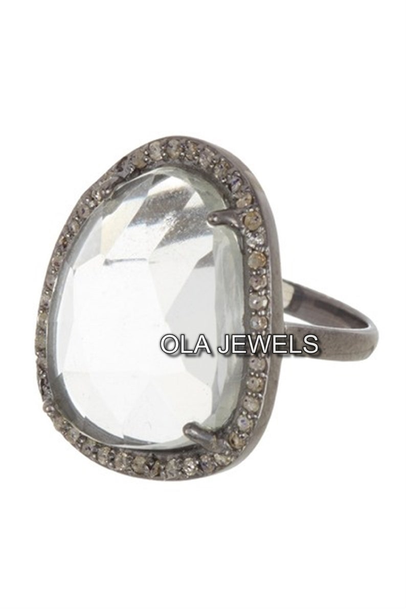 price for 1 psc. Solid Sterling silver 925 black finish clear quartz with diamonds ring