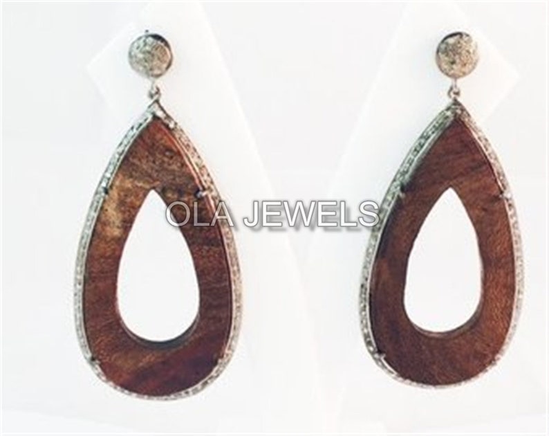 Solid Sterling Silver Black Finish Wooden Earring With white Diamonds around price for 1 pair