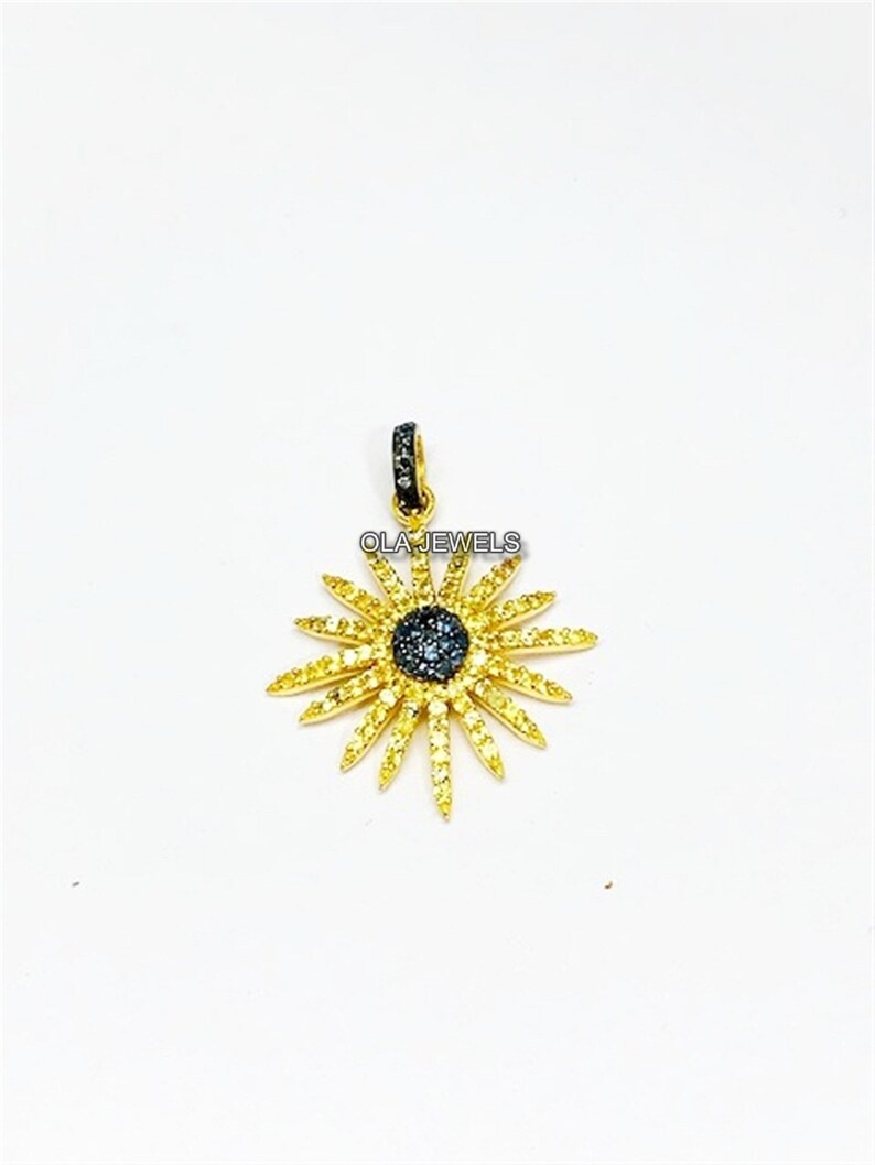 Sterling silver 925 gold plated and black finish blue sapphire with yellow sapphire sunburst pendant 20 mm price for 1 pcs.
