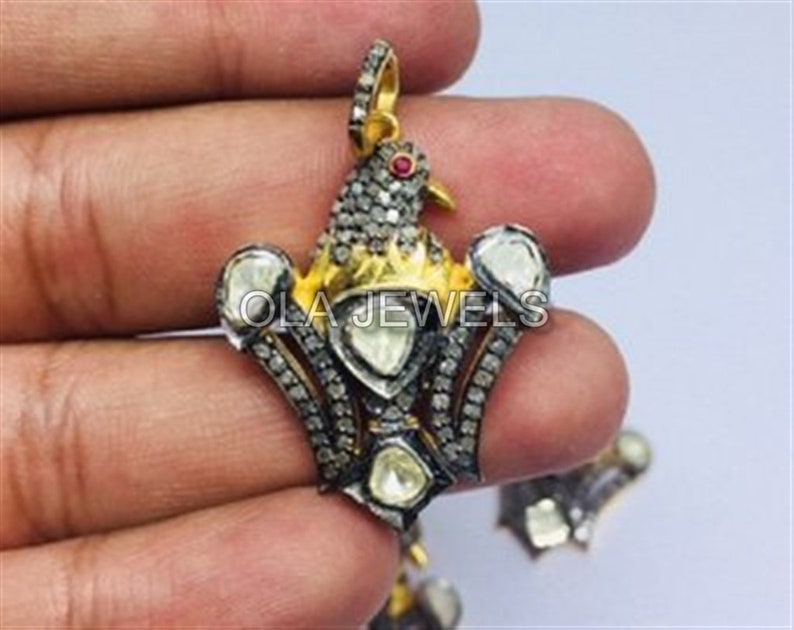 Solid Sterling Silver 925 gold plated brown diamond with rose cut diamond eagle pendant 30 mm