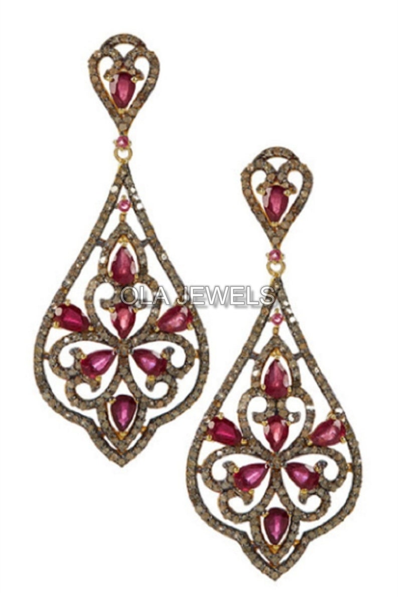 price for 1 pair Solid 925 Sterling Silver black finish Pave diamond and ruby earrings