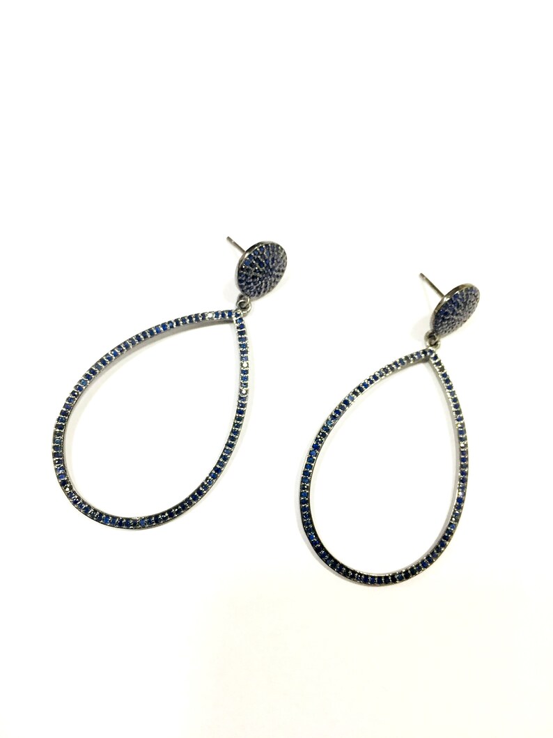 price for 1 pair Solid Sterling Silver black finish blue sapphire dangle earring