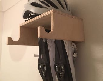 Portabicicletas de madera contrachapada hecho a mano/gancho montado en la pared para guardar bicicletas, cascos y tacos, ¡hecho de madera reciclada! Solución sencilla de almacenamiento de bicicletas