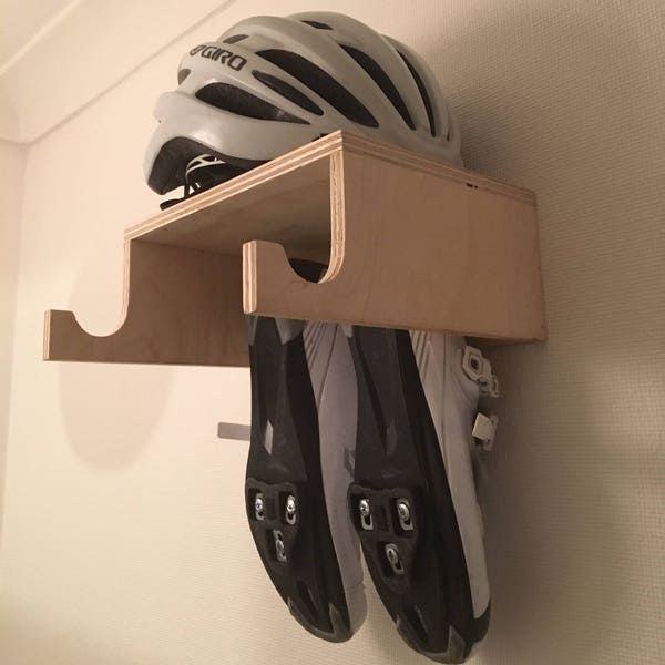 Handmade Plywood Bicycle rack/wall mounted hook for bike, helmet and cleat storage, made from recycled wood! Simple bike storage solution