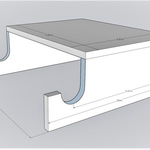 May include: White wooden shelf with two curved supports, measuring 26 cm wide, 22 cm deep, and 10.2 cm high. The shelf is 20 cm long and 26 cm wide.