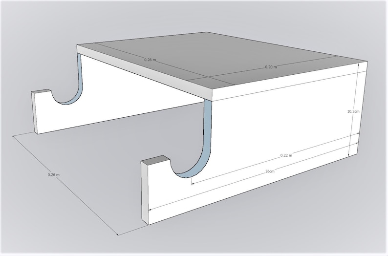 May include: White wooden shelf with two curved supports, measuring 26 cm wide, 22 cm deep, and 10.2 cm high. The shelf is 20 cm long and 26 cm wide.