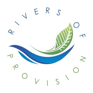 May include: A logo with the words "Rivers of Provision" in a circle around a blue wave with a green leaf on top.