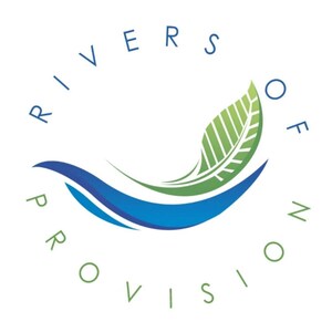 May include: A circular logo with the text "RIVERS OF PROVISION" in a curved arrangement. The design features a stylized leaf with green and white details above blue water waves.