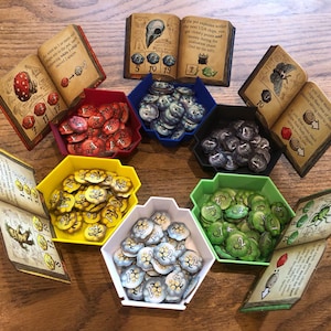 May include: A game board with six hexagonal compartments, each containing a different colour of tokens. The compartments are arranged in a circle around a central space. There are also six open books with illustrations and text, each book corresponding to a compartment.