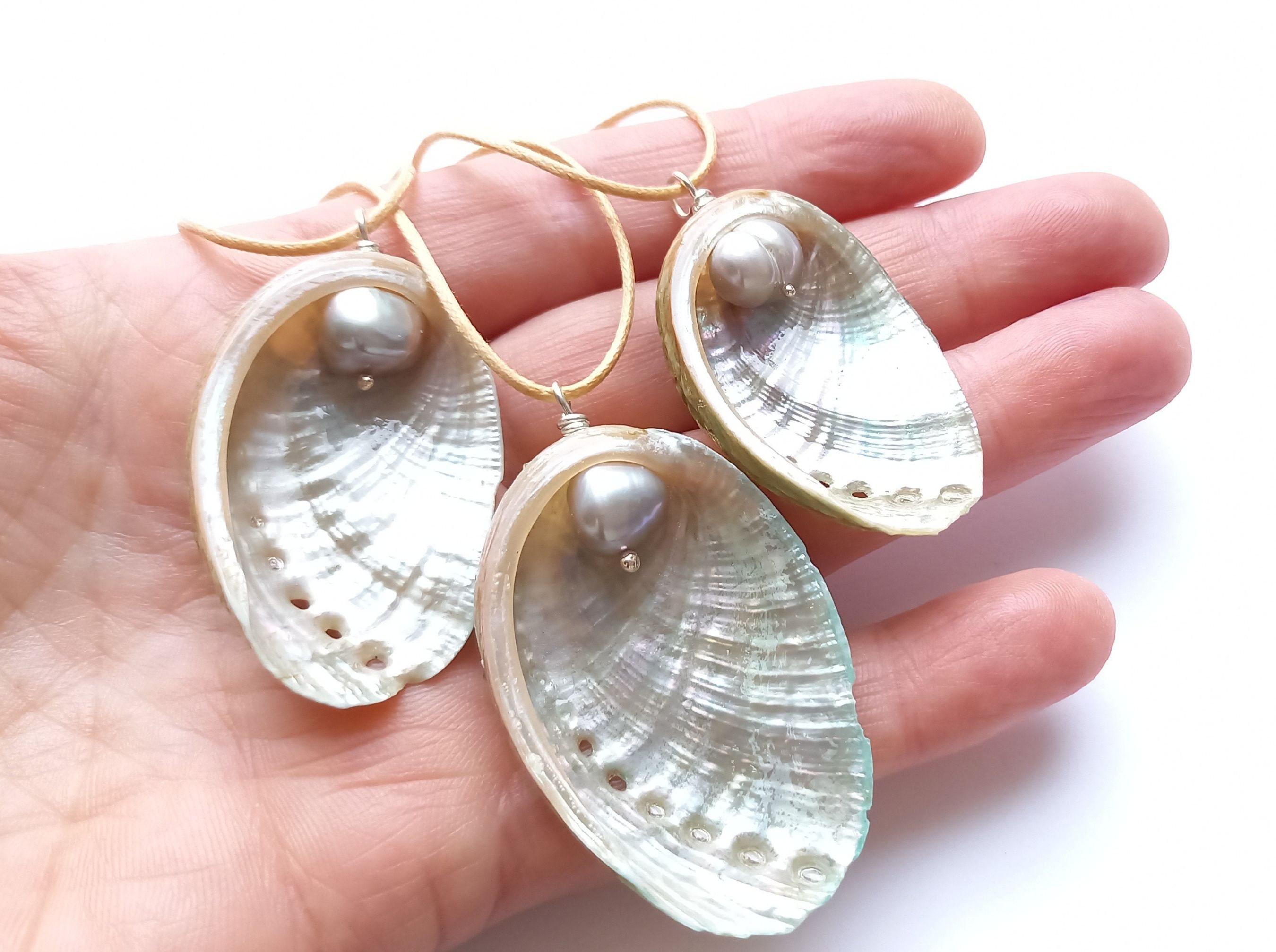 Silver Ormer Shell Ormer Shell, Pendant, Grey Freshwater Pearl, Solid Recycled Sterling ...