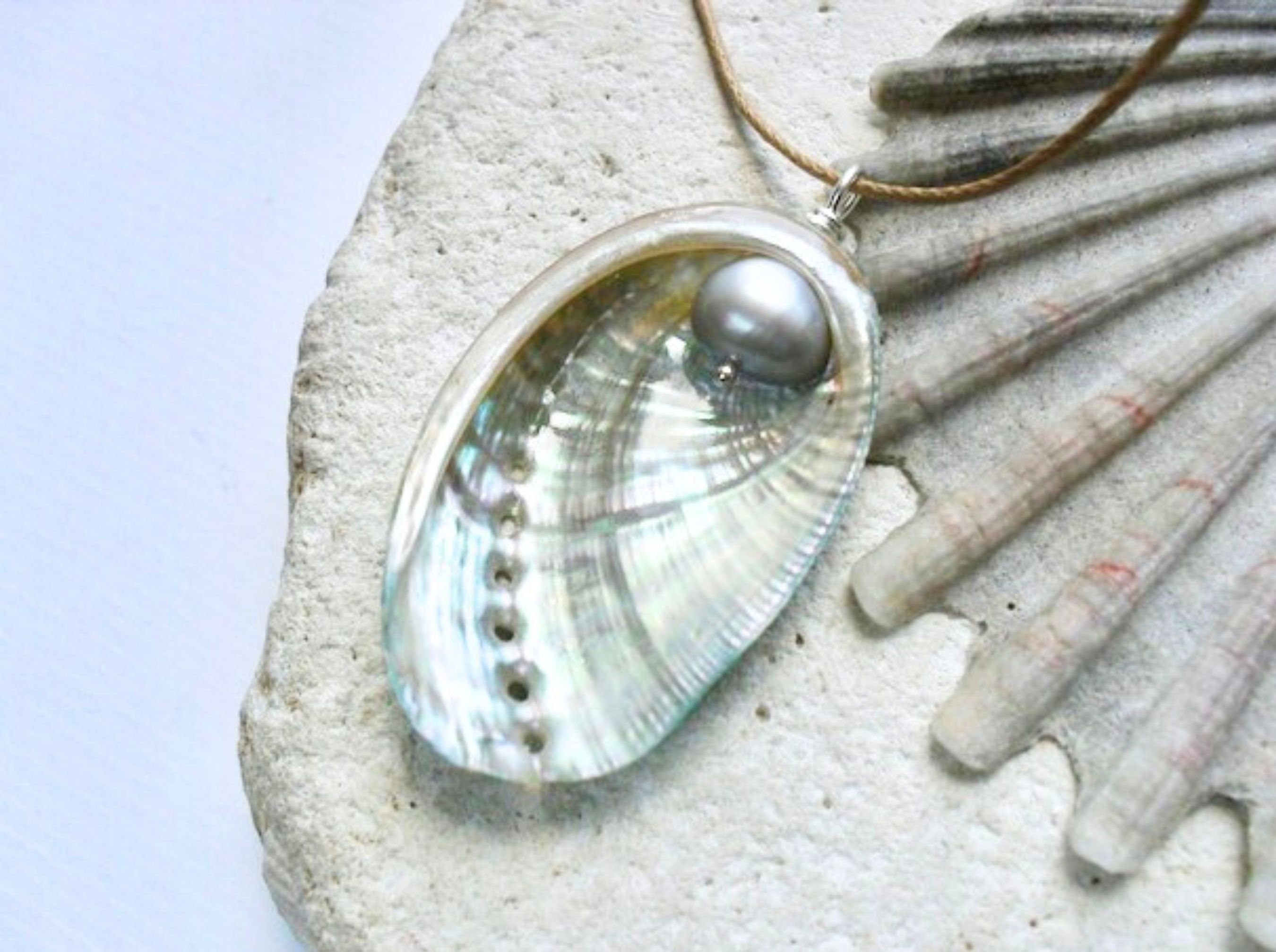 Silver Ormer Shell Ormer Shell, Pendant, Grey Freshwater Pearl, Solid Recycled Sterling ...