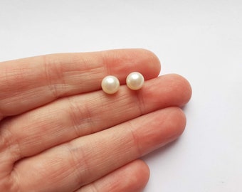 7mm, Top Notch, Classic, White Freshwater Pearl, Sterling Silver, Stud Earrings