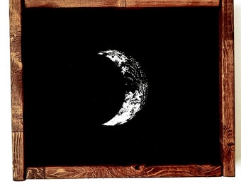 Brown Framed Crescent Moon Print | Wood panel | Black and White Print | Wood Frame | Brown Stain | Grey Stain