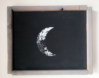 Grey Framed Crescent moon print | Wood panel | Black and White Print | Wood Frame | Brown Stain | Grey Stain