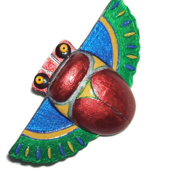 Red SCARAB BEETLE w Wings BROOCH Pin Egyptian Revival Large Vintage French Replica Signed