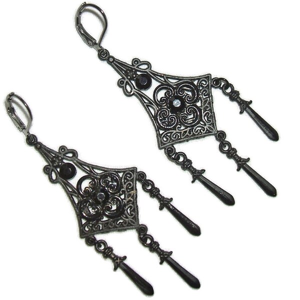 BLACK GOTHIC EARRINGS with Swords Berlin Iron Filigree Replica Reenactment Jewelry Chandelier Dangle Drops