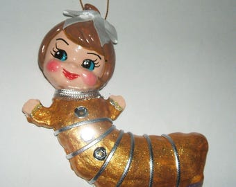 CATERPILLAR PIXIE BUG Ornament  Anthropomorphic Vintage Christmas Kitsch Style Plaque Wall Hanging Figurine