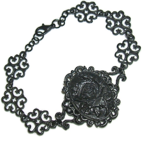 BLACK GOTHIC BRACELET with Black Rose Cameo Filigree Panel Link Berlin Iron Replica Reenactment Jewelry