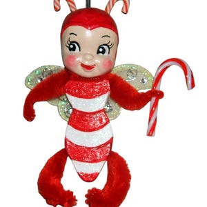 CANDY CANE PIXIE Bug Ornament Figurine Anthropomorphic Christmas Vintage Kitsch Style