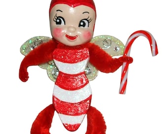 CANDY CANE PIXIE Bug Ornament Figurine Anthropomorphic Christmas Vintage Kitsch Style