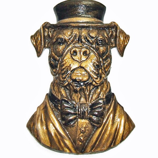 DAPPER DOG Brooch Pin Well Dressed with Top Hat Whimsical Anthropomorphic Animal Jewelry Metallic Deep Gold Color
