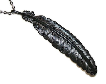 BLACK FEATHER NECKLACE Metaphysical Protection Symbol Raven Crow Black Bird Wing Metal Pendant